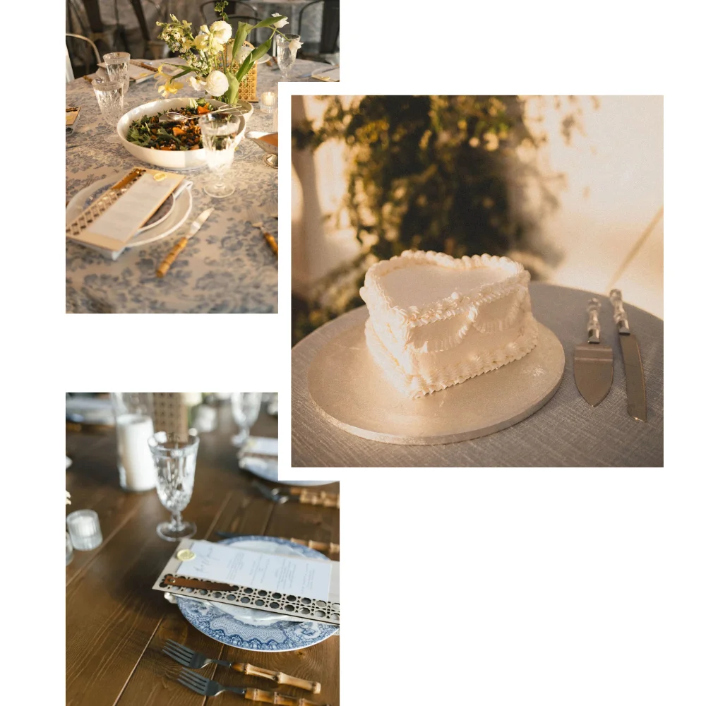 Collage of images of wedding day details including table settings and a heart shaped cake at blue and yellow garden party