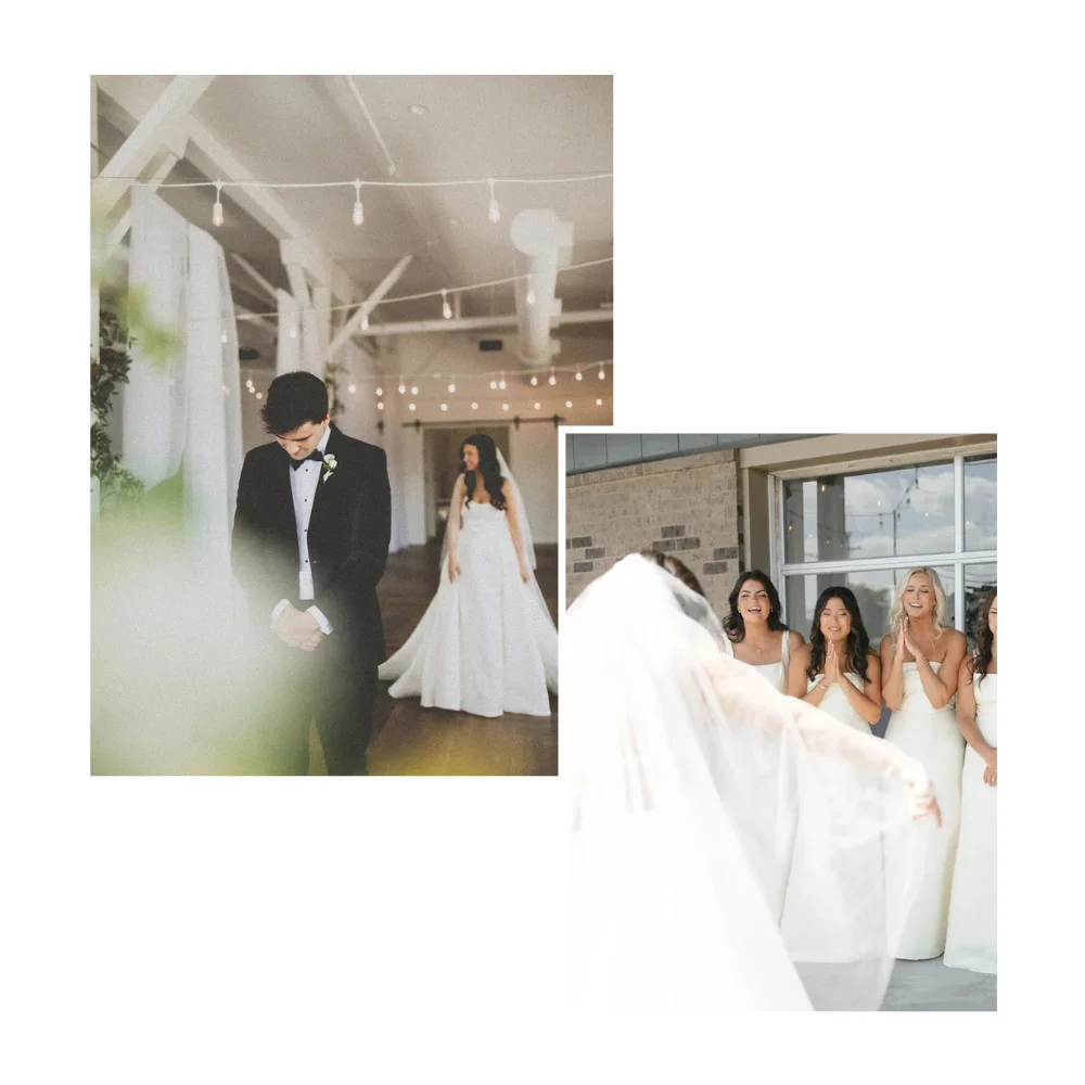 Collage of images of a bride and groom doing their first look, and a bride doing her first look with her bridal party at 14TENN in Nashville, TN
