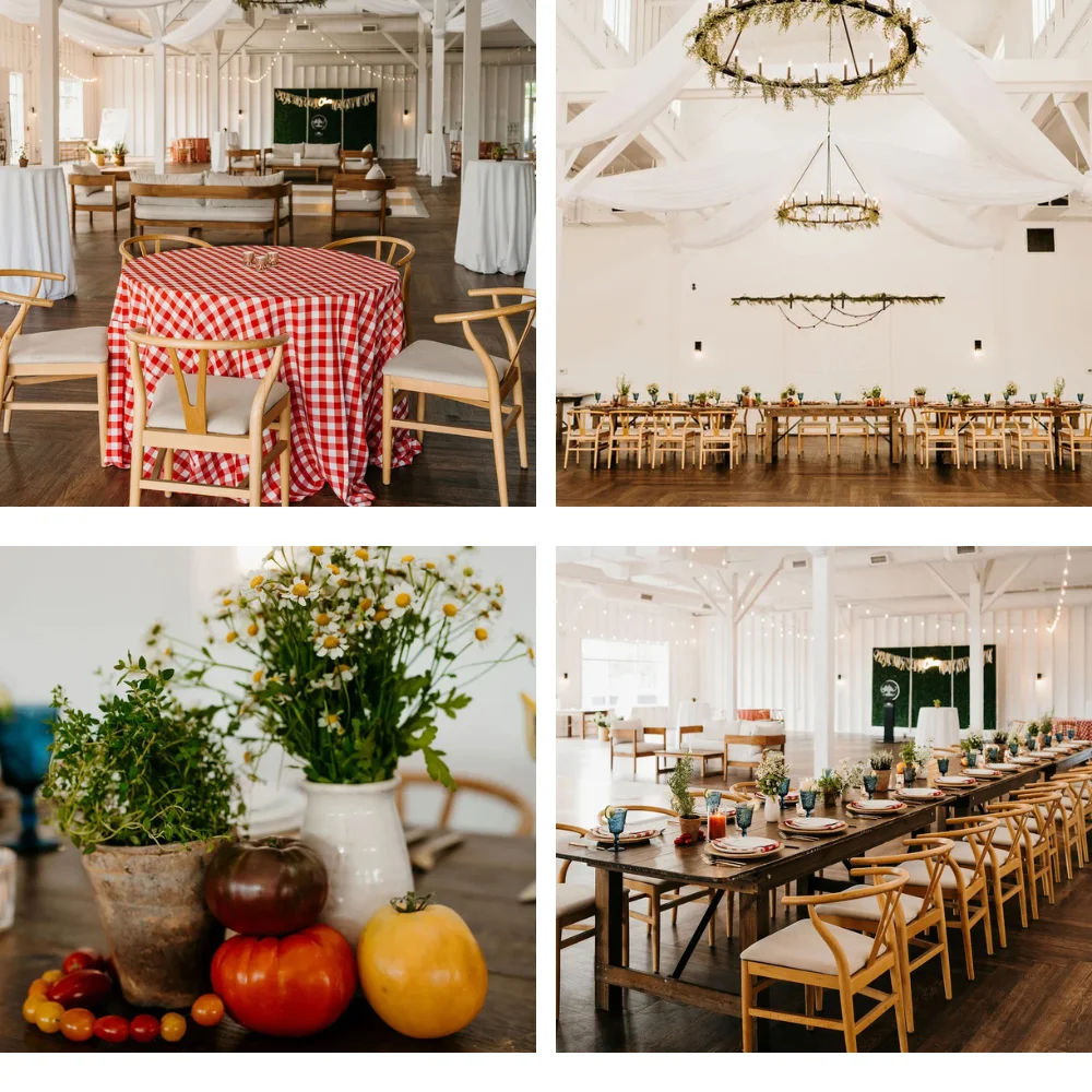 Collage of tablescapes and Farmer’s Market–inspired décor at 14TENN Open House in Nashville