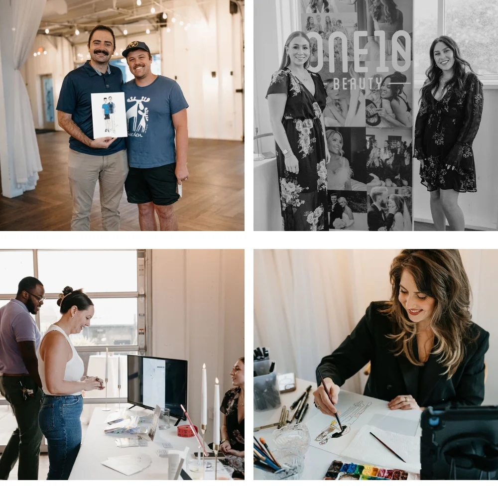 Collage of Nashville wedding vendors offering live painting and hair & makeup services at 14TENN Open House
