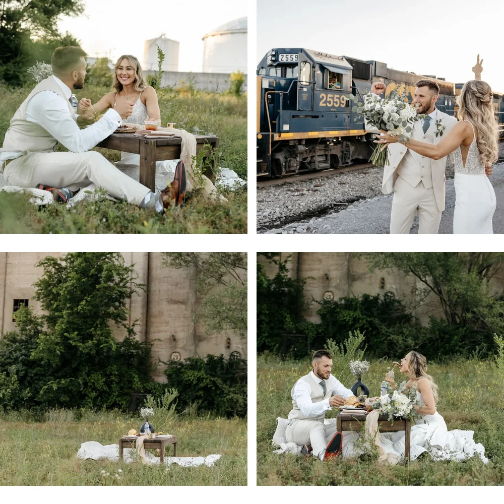 Bride and groom sharing a private picnic before their Nashville wedding at 14TENN