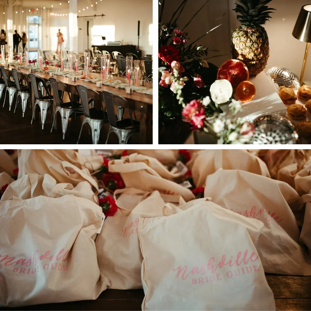 Collage of images from a Palm Beach–inspired neon tropical networking event at 14TENN Nashville