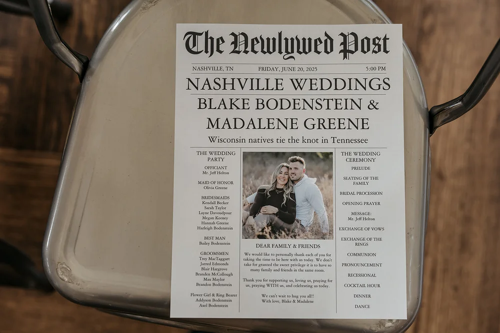 Wedding program designed as a newspaper for a wedding at 14TENN in Nashville