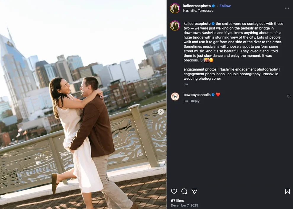 Winter engagement photos along the Cumberland River Walkways in Nashville with skyline views