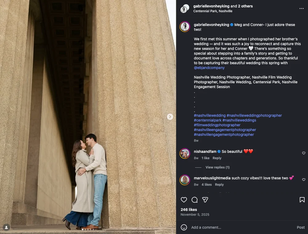 Couple taking engagement photos at Centennial Park in Nashville during winter