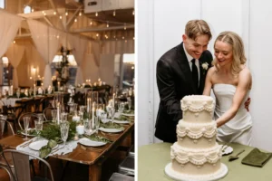 This is a collage of two images: one is of a wedding reception at 14TENN in Nashville with white and green accent colors and white draping around the space, and the other is of a bride and groom cutting into their three-tier white wedding cake.