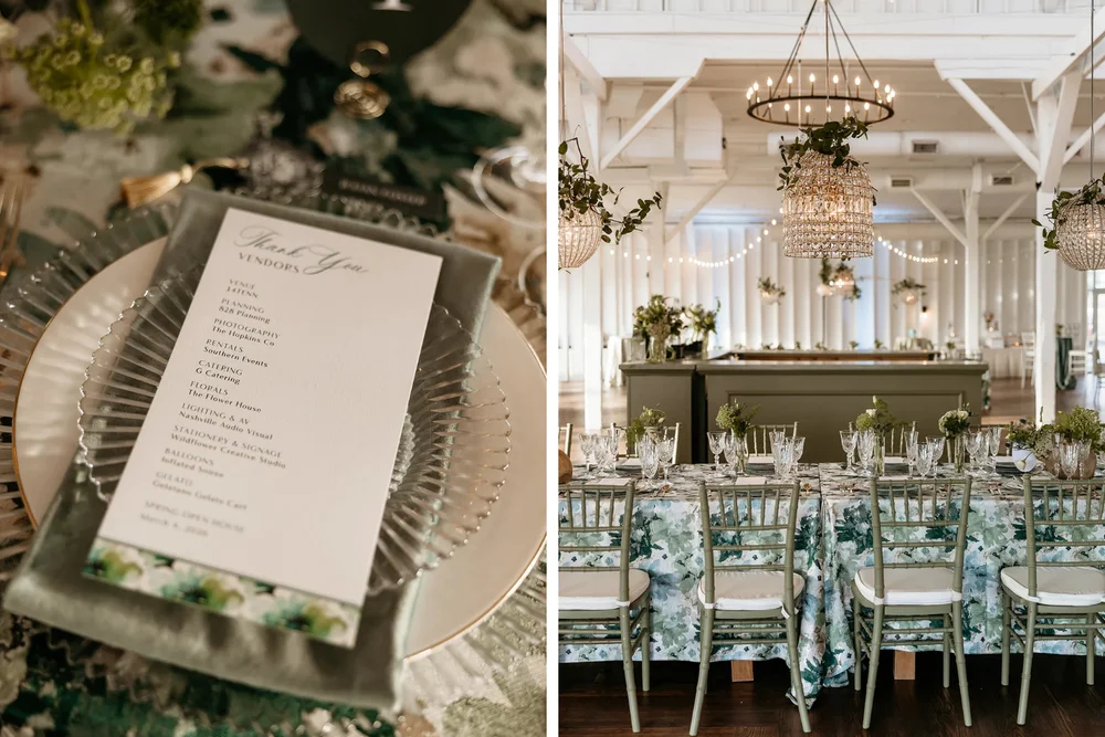 Green themed wedding open house design at 14TENN blank canvas venue in Nashville TN
